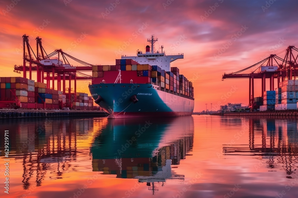 Container Cargo freight ship with working crane bridge at sunset ...