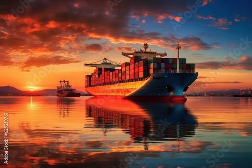 Container Cargo freight ship with working crane bridge at sunset, Logistics concept