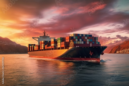 Container Ship in the sea at sunset. Freight transportation and logistics concept