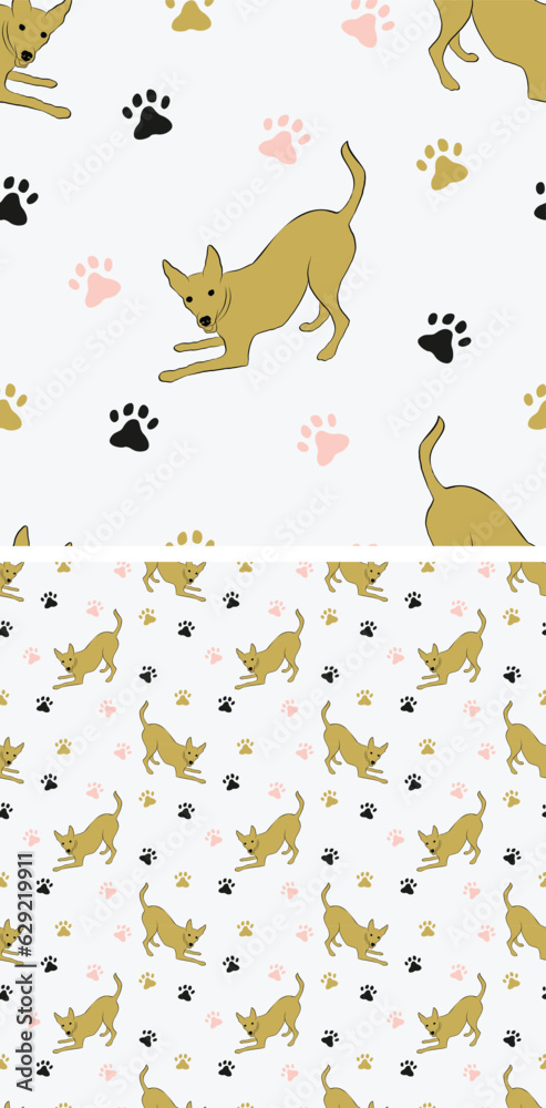 Obraz premium Seamless pattern with english toy terrier silhouettes and paws, holiday texture. Square format, t-shirt, poster, packaging, socks, textile, fabric, decoration, wrapping paper. Trendy hand-drawn dogs.