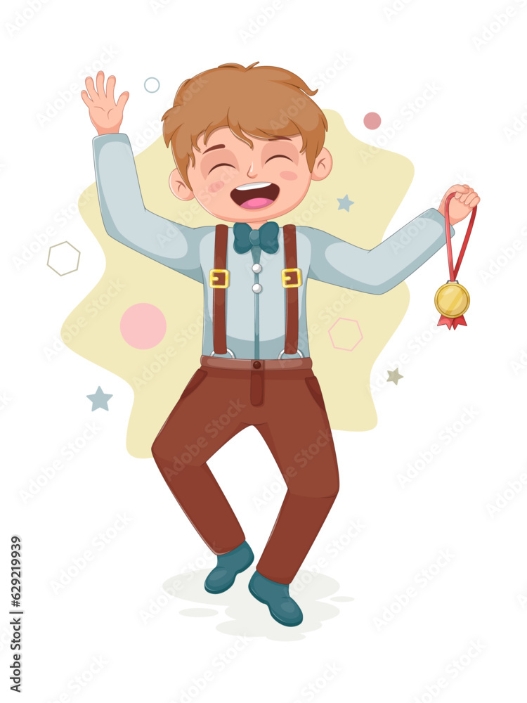 Triumph of Academic Achievement. Joyful Schoolboy Leaping with a Medal
