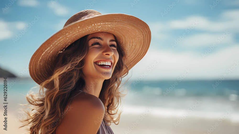 young woman wearing a beach hat