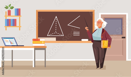 Classroom teacher in classroom near blackboard education concept. Vector graphic design illustration
