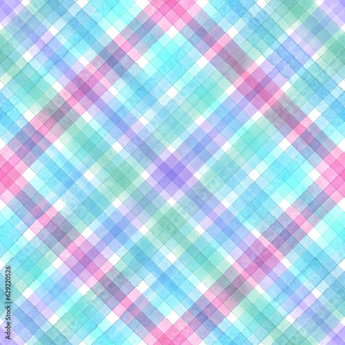 Watercolor stripe plaid seamless pattern. Color teal blue pink stripes background.