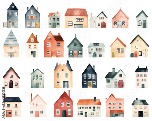 Set of watercolor scandinavian houses. Cute childish european buildings. Trendy scandi vector elements