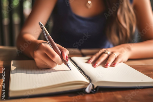 A woman writing in a notebook with a pen