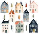 Cute watercolor buildings. Set of watercolor european houses. Trendy scandi background
