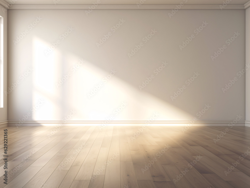 An empty room with a wooden floor and white walls lit by natural light from a window with a minimalist and clean aesthetic.