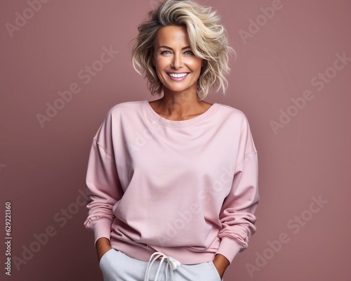 Portrait of happy mature model wearing pink sweatshirt mockup, at pink background. Print presentation mock-up. AI generation