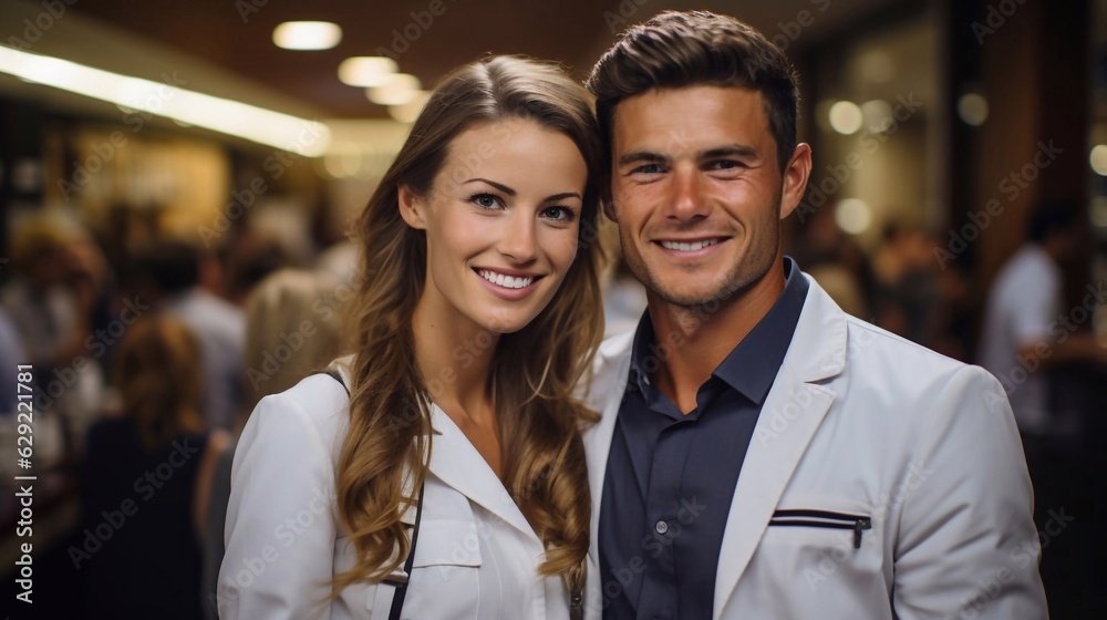 Portrait of two doctors on working place background. Medical team with ai generated Portrait of two doctors on working place background. Medical team with ai generated