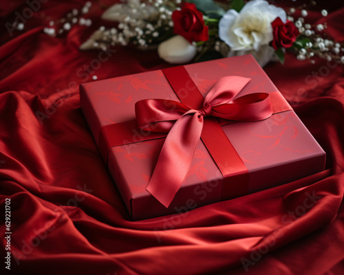 A red gift box with a ribbon on a satin background with white roses in a romantic and luxurious mood. © Arma Design