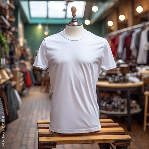 White t-shirt mockup on mannequin at clothing store background. AI generated