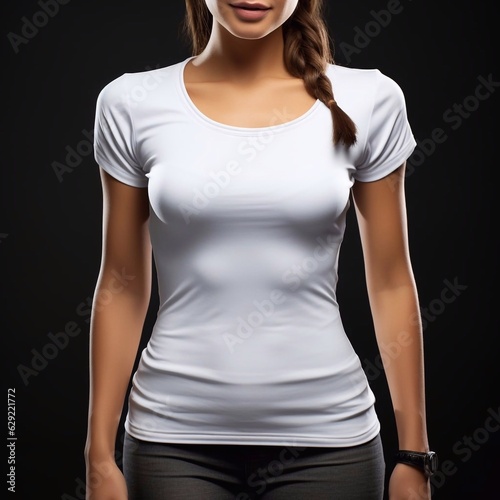 Young girl wearing white t-shirt mockup, at black background. Design tshirt template. Print presentation mock-up. AI generation
