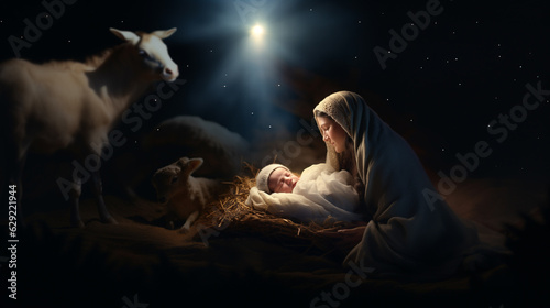 Nativity scene: Saint Mary with the newborn Jesus Christ in a manger, animals in a stable. Christian Religious Christmas Illustration