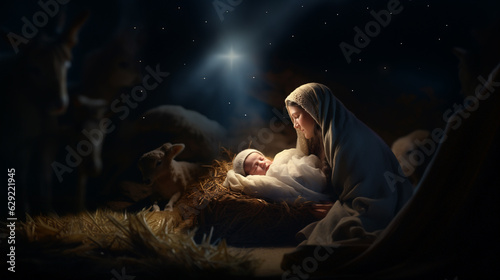 Fotografia Nativity scene: Saint Mary with the newborn Jesus Christ in a manger, animals in a stable
