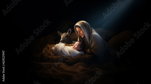 Obraz na płótnie Nativity scene: Saint Mary with the newborn Jesus Christ in a manger, animals in a stable