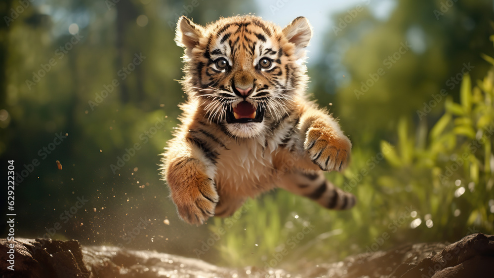 Aggressive little tiger runs on the sand and download to the camera