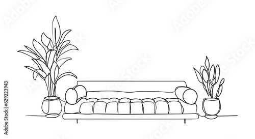 Continuous one line drawing of sofa and with potted plants. Scandinavian stylish furniture in simple linear style. Vector illustration