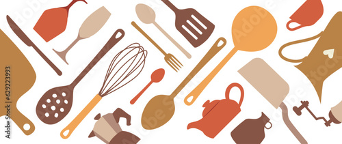 Kitchenware cooking supply store banners. Knife, fork, spoon, pan, pot, spatula set. Cookware, kitchenware, kitchen tools collection. Cutlery on white background. Vector cooking poster. (ID: 629223993)