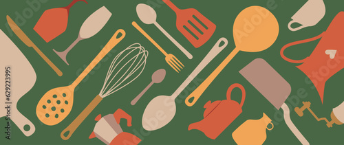 Kitchenware cooking supply store green banners. Knife, fork, spoon, pan, pot, spatula set. Cookware, kitchenware, kitchen tools collection. Cutlery on green background. Vector cooking poster. (ID: 629223995)