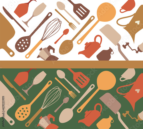 Kitchen set banners. Kitchenware cooking supply store. Cookware, kitchenware, kitchen tools collection. Pattern with knife, fork, spoon, pan, pot, spatula set. Vector cooking poster. (ID: 629223999)