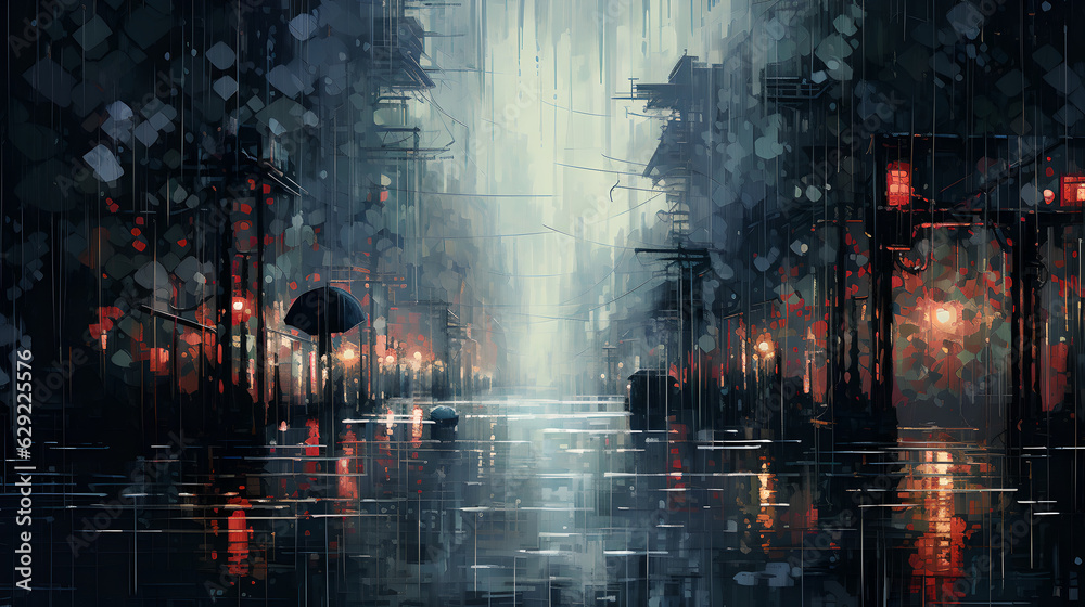 pixelated impressionism rainy day Generative AI