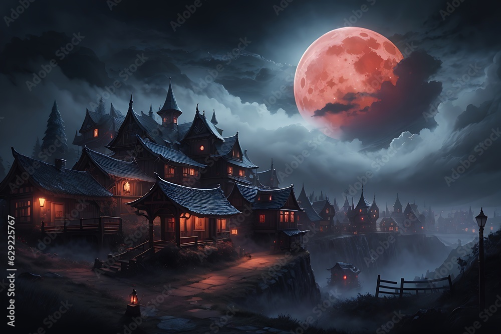 Dark spooky foggy night over fantasy village with red moon in the sky