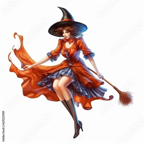 Retro vintage halloween illustration with witch girl