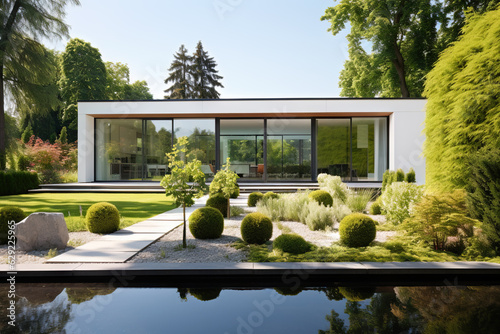 A modern house with garden and lawn, exterior view. Generative ai and digital editing.