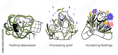 Mental health and psychology concept llustrations. Overwhelming and trapped feelings, intrusive thoughts. Visual Stories Collection.