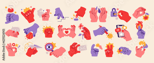 Fototapeta Naklejka Na Ścianę i Meble -  Various Hands holding things. Different gestures. Hand drawn colored trendy Vector illustration