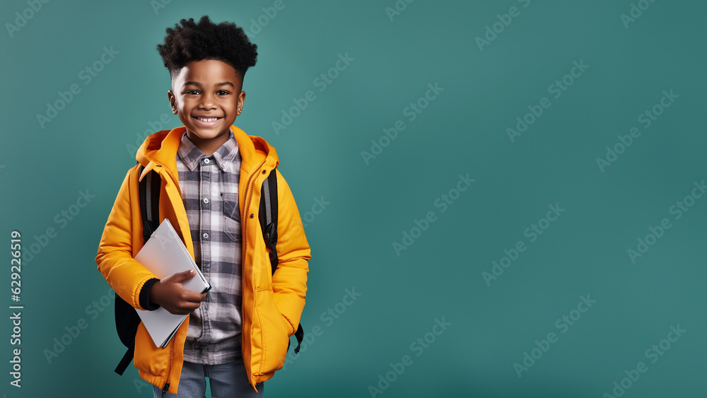 Hübscher afroamerikanischer Junge mit Schulunterlagen in der Hand lacht, ai generativ - obrazy, fototapety, plakaty 
