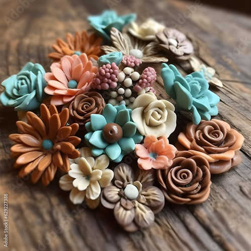 3D polymer clay flowers on a wooden table, boho rustic style