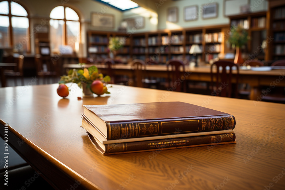 close up of books on the table in library