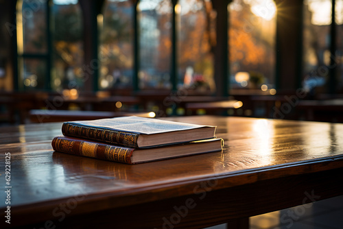 close up of books on the table in library