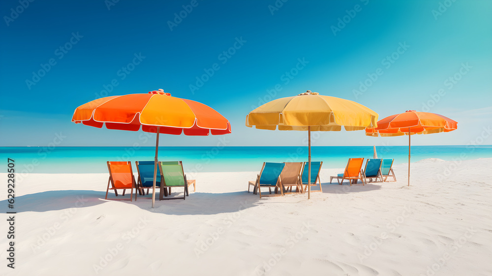 Beach with umbrella and chairs, beautiful beach background 