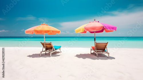 Beach with umbrella and chairs  beautiful beach background 