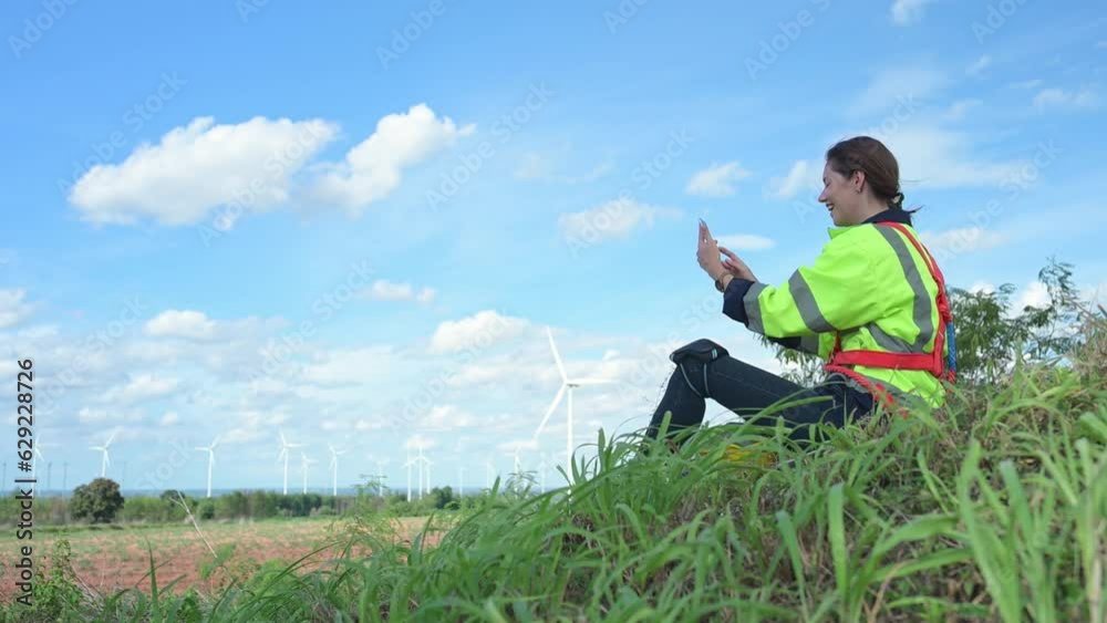 Rear view of female engineer sitting in wind turbine field and using mobile phone connect with manager and talk via video call Rear view of female engineer sitting in wind turbine field and using mobile phone connect with manager and talk via video call