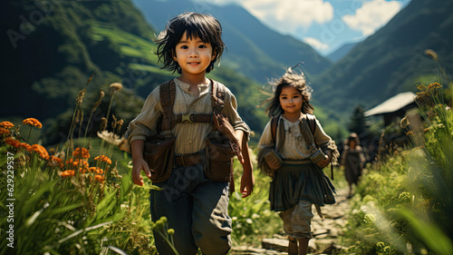 Thai farmer children playing on a rice field.generative ai