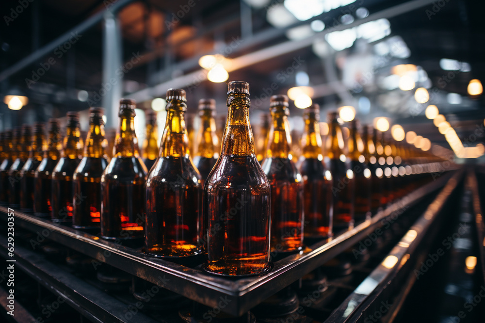 Brown glass beer drink alcohol bottles, brewery conveyor, modern production line Brown glass beer drink alcohol bottles, brewery conveyor, modern production line