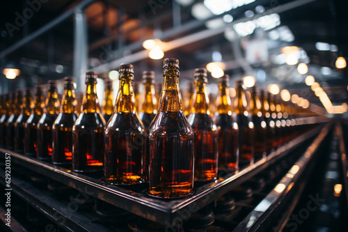 Brown glass beer drink alcohol bottles, brewery conveyor, modern production line