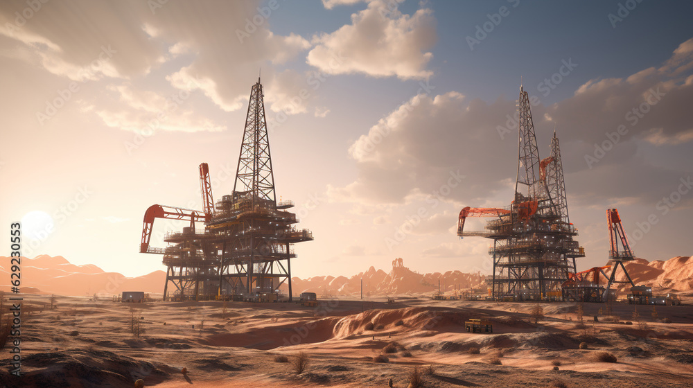 Design a massive oil rig standing tall amidst the vast desert landscape ...