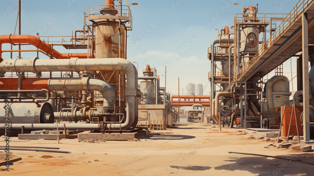 Fototapeta premium Craft an intricate network of underground pipelines crisscrossing the desert, connecting multiple oil wells to a central processing facility, exemplifying the engineering marvel of Generative AI