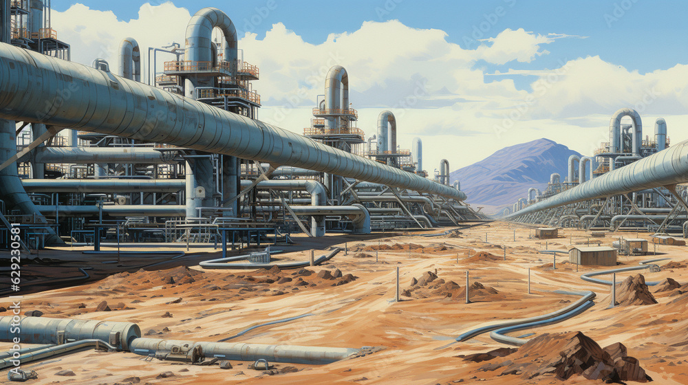 Fototapeta premium Craft an intricate network of underground pipelines crisscrossing the desert, connecting multiple oil wells to a central processing facility, exemplifying the engineering marvel of Generative AI