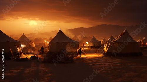 Create an evocative photo collage of Bedouin tents at sunrise  with the golden rays of the sun illuminating the desert landscape  awakening the desert dwellers.  Generative AI