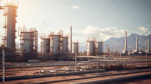 Create an oil refinery in the heart of the desert, with gleaming silver tanks and distillation columns reflecting the scorching sunlight, showcasing the industrial process of refin Generative AI