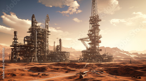 Design a massive oil rig standing tall amidst the vast desert landscape, with towering drilling platforms and pipelines stretching into the horizon, exemplifying the scale of oil p Generative AI