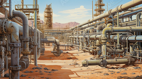 Craft an intricate network of underground pipelines crisscrossing the desert, connecting multiple oil wells to a central processing facility, exemplifying the engineering marvel of Generative AI photo
