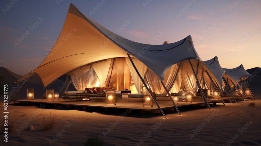 Craft a 3D architectural model of a luxurious modern Bedouin tent, blending traditional design with contemporary comfort, catering to desert glamping experiences.