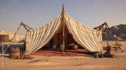 Craft a 3D model of a Bedouin tent, allowing viewers to explore its interior and understand the practicality of its design for desert living." Generative AI